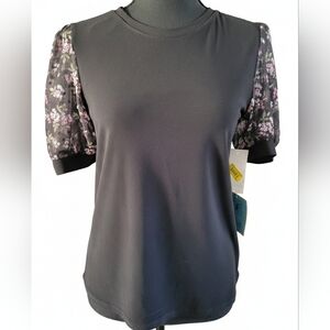 CeCe Black Top with Floral Sleeves